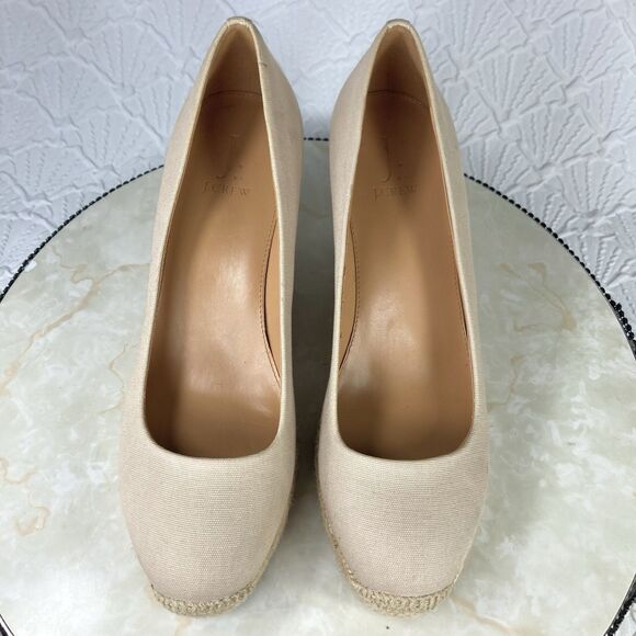 J. Crew Heels Women 9 Beige Canvas Comfort Summer Slip On Espadrille Wedge Pumps - Picture 4 of 14